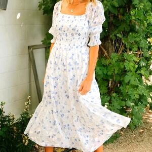 Baltic Born Fabian Jacquard blue Floral & White Smocked Peasant Dress M